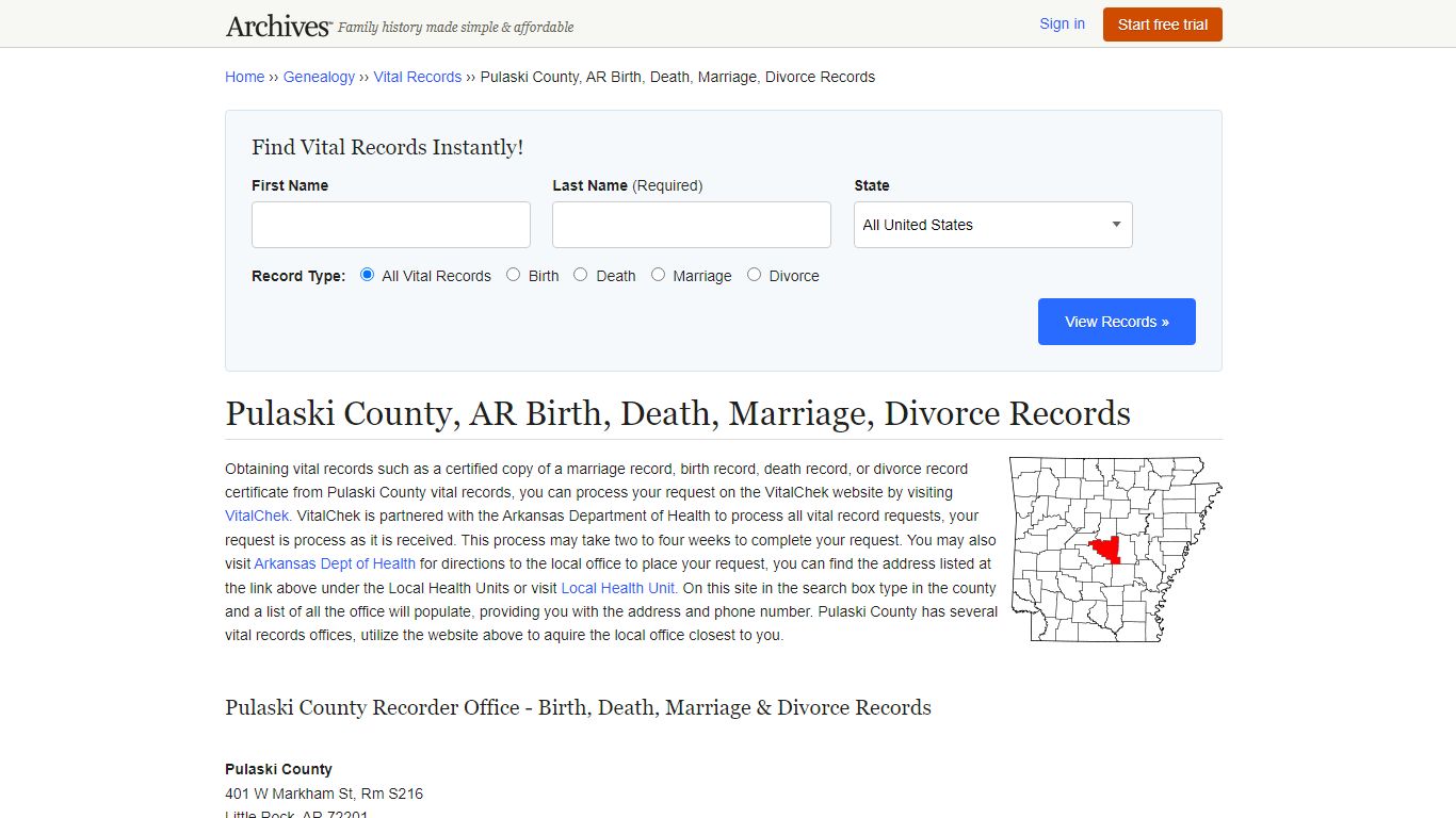 Pulaski County, AR Birth, Death, Marriage, Divorce Records - Archives.com